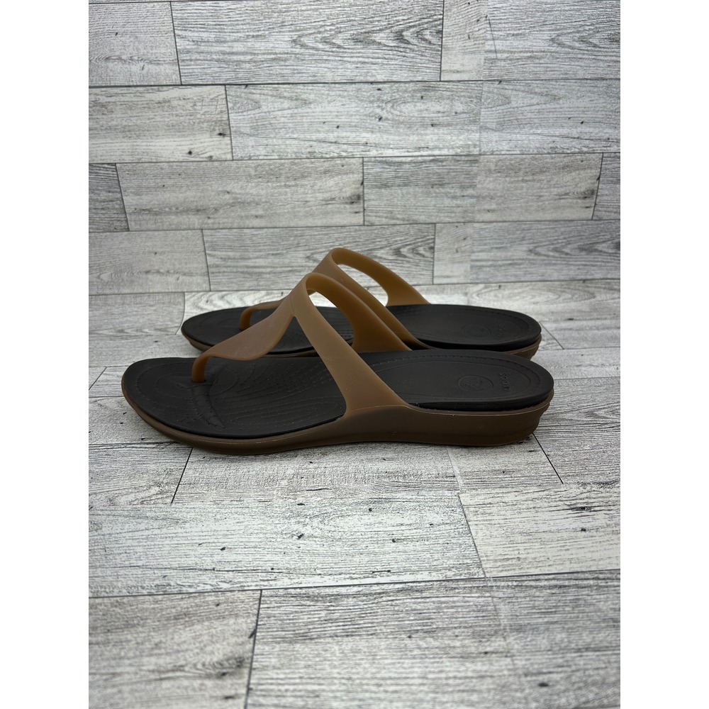 Crocs Really Sexi Flip Flop Wedge Sandals Women Sz 9 Espresso Tan Brown T-Strap‎ - Picture 4 of 11